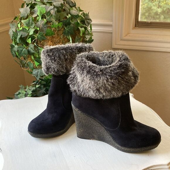 Zigi Soho Gabriel Faux Fur Fold Over Black Suede Wedge Ankle Boots Size 7.5 New - Picture 12 of 15